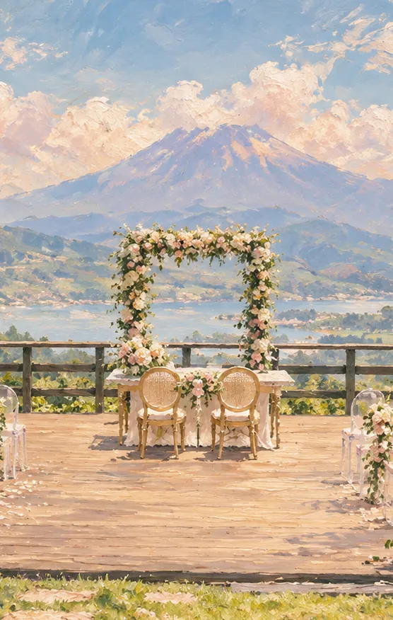 Pintura de un arco de flores y una mesa para los novios frente al lago y el volcán