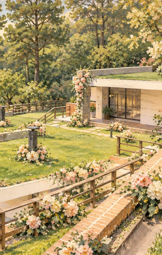 Pintura de un salón moderno rodeado de jardines y rosas