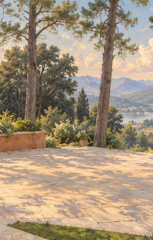 Pintura de una terraza dorada entre pinos con vista al valle
